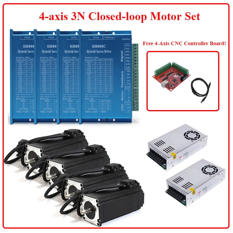 Nema 23 Closed Loop Stepper Motor Driver Kit - 4軸Nema 23クローズドループステッピングモーター3N.m + ハイブリッドサーボステッピングドライバーhb808c&250W 24V電源+コントローラーボードキット