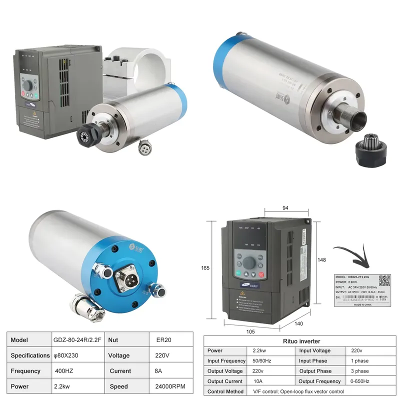 2.2Kw Water Cooled Spindle Kit Vfd - 2026年中国工場製 ER20 2.2kw 水冷式CNCルータースピンドルキット 4スピンドルモーターベアリング 2.2kw